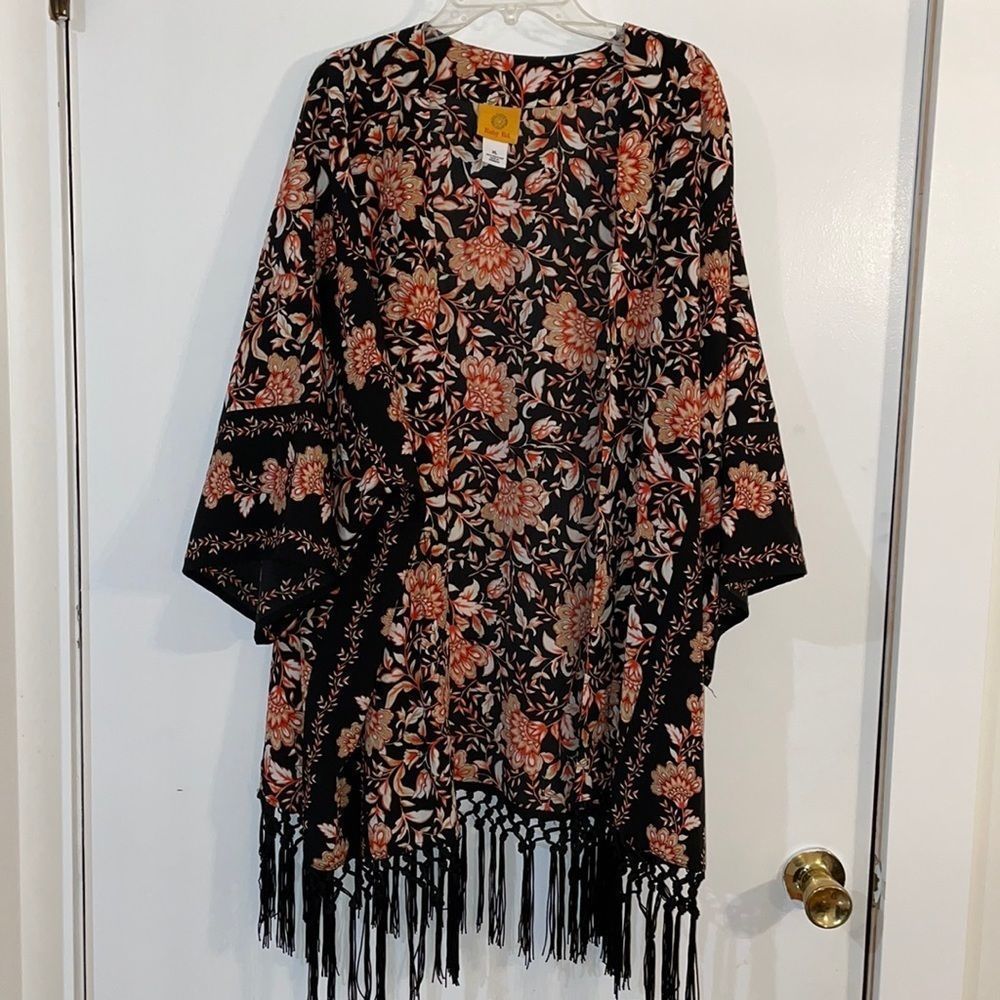 Ruby Rd Black & Orange Floral Print Fringe Kimono XL